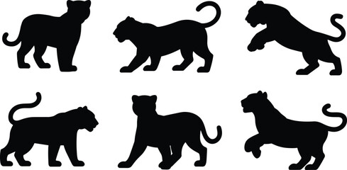 Wild panther tiger silhouettes vector illustration, big cat animal shapes, walking standing jumping poses, jungle wildlife predator icons, black shadow design elements