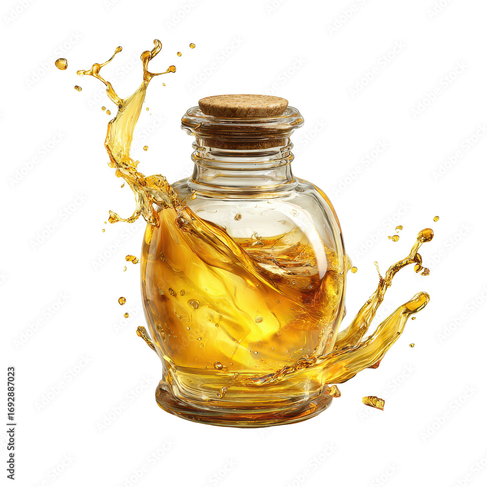 Poster bottle filled with liquid splashes captured in a dynamic moment in a bright setting