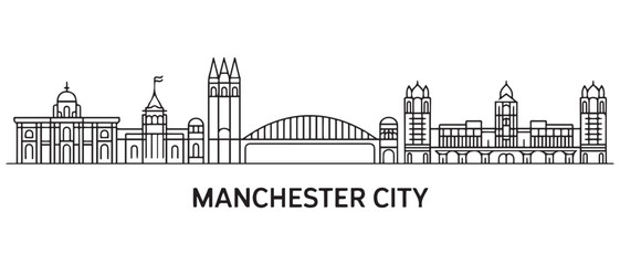 Manchester city Line Art skyline horizontal banner. Manchester city, United Kingdom. Vector template for your design. with white background