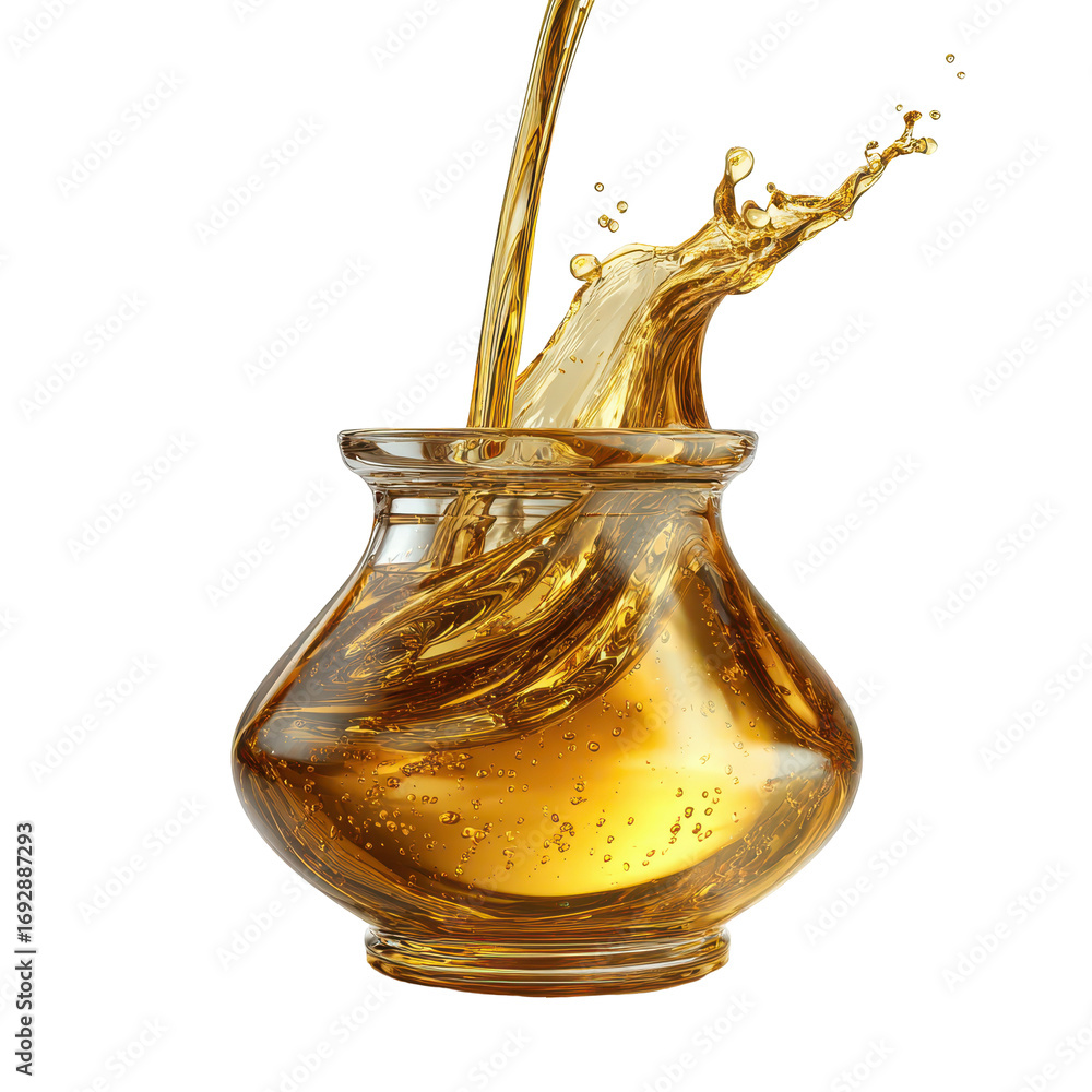 Poster golden liquid splashes into a clear glass jar creating a dynamic visual in a bright setting