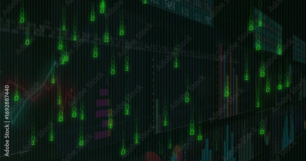 Aufkleber binary code cascading over charts starting panning shifting updating ticker visualizing analytics
