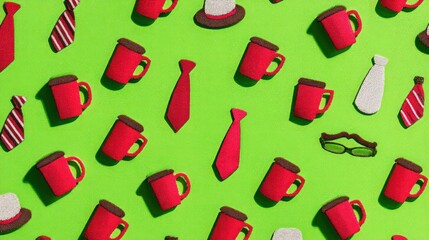 A vibrant background featuring Father's  Day themed icons like coffee mugs, ties, and hats, in bold reds and greens