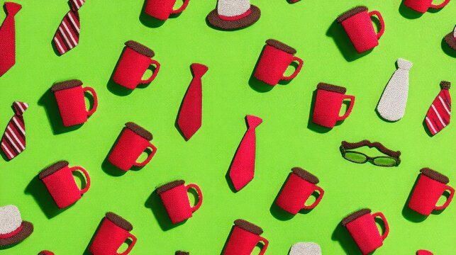 A vibrant background featuring Father's Day themed icons like coffee mugs, ties, and hats, in bold reds and greens - Powered by Adobe