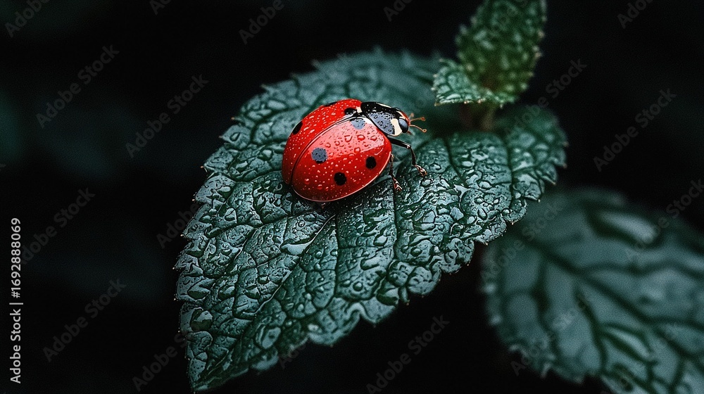 Aufkleber ladybug sitting on green leaf with droplets on its background