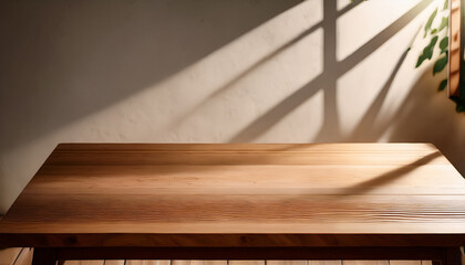 A Rustic Wooden Table With A Rich Textured Grain Positioned Against A Softly Lit Wall With Dramatic Shadow Play The Natural Wood Surface Is Smooth Yet Organic Offering Ample Negative Space For