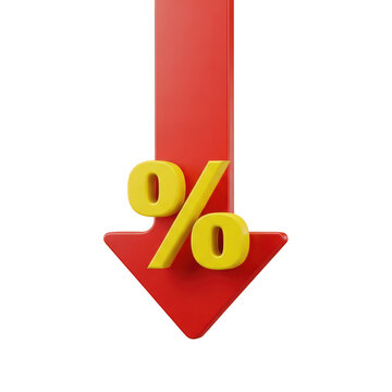 Red downward arrow with yellow percentage symbol isolated on transparent background