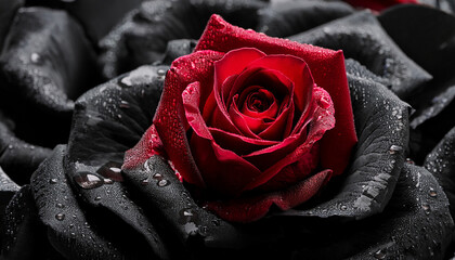 red rose on black rose petals with water droplets creating a dramatic contrast