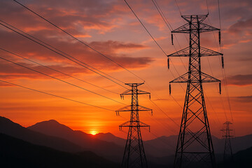 Fototapeta premium high voltage power lines at sunset. Power lines across a purple mountain range at sunset.
