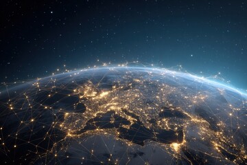 Global network of connections over Earth.  Night view