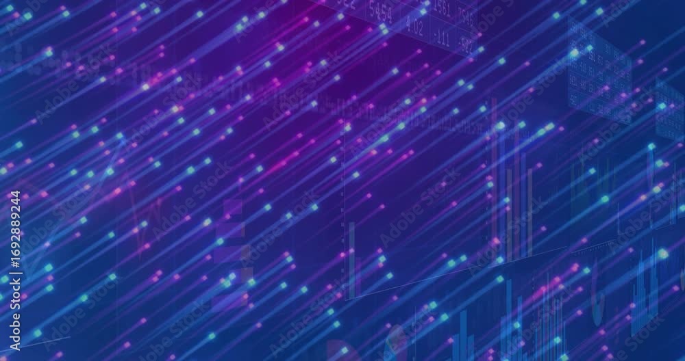 Aufkleber one-second magenta cyan streaks sweeping bar chart, fading bars, pulsing points looping data flow
