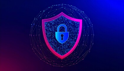 Abstract shield with padlock, digital network