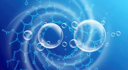 Abstract blue gradient with intricate molecular patterns and various transparent floating bubbles featuring subtle swirling light and interconnected spheres