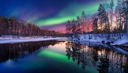 Captivating Northern Lights Illuminate A Winter Landscape With Trees Reflecting In A Serene River At Dusk