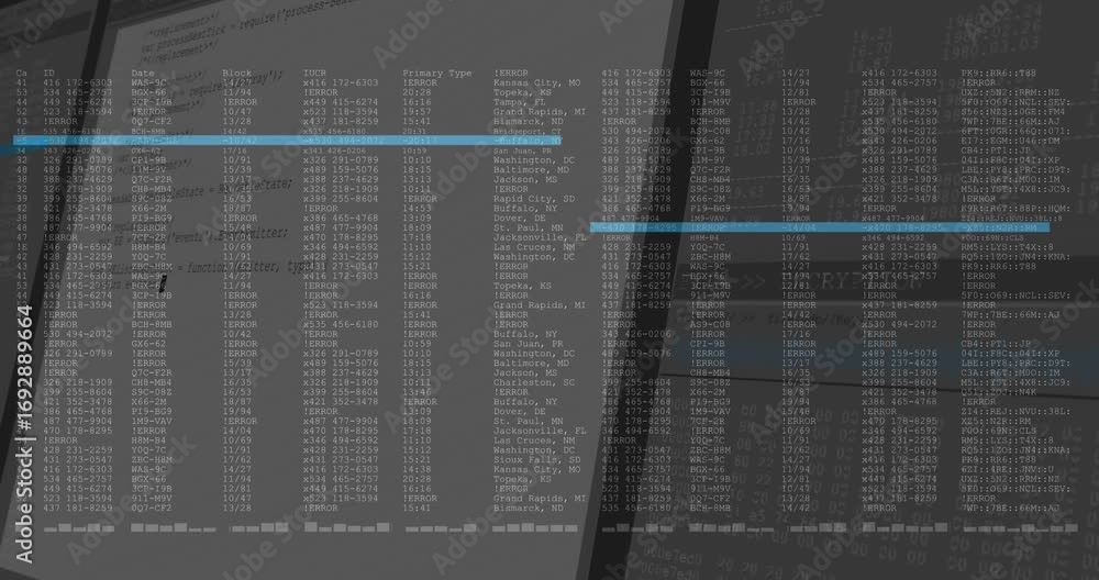 Poster monitor powering on revealing terminal log columns fading cyan highlight scanning entries for audit