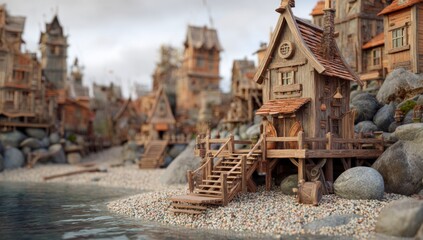 Miniature wooden town by the sea
