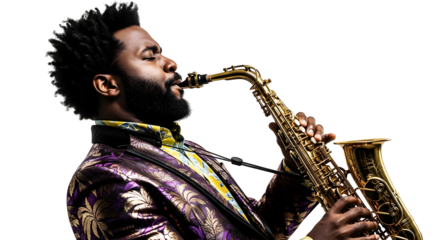 Dynamic portrait of a charismatic Black saxophonist lost in the rhythm, performing with soulful dedication and a unique fashion sense in a studio setting