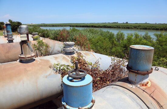 metal pumping station pipes for removing water and draining the swampy zone