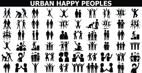 Collection of happy people silhouettes in various poses