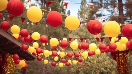 A cheerful outdoor scene with balloons and banners in vibrant reds and yellows, perfect as a Fatherâ€™s Day background