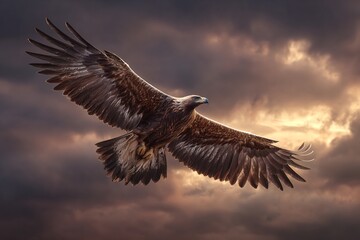 Ultra realistic golden eagle soaring mid air captured below dramatic sky with cinematic light detailed wildlife capture