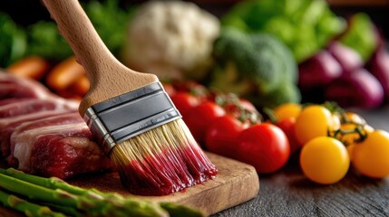 A close-up of a meat marinade brush with vibrant vegetables in the background, emphasizing freshness and trust