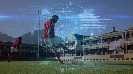 Male soccer player striking ball on tee, initiating pulsing data visualization in sports technology - Powered by Adobe