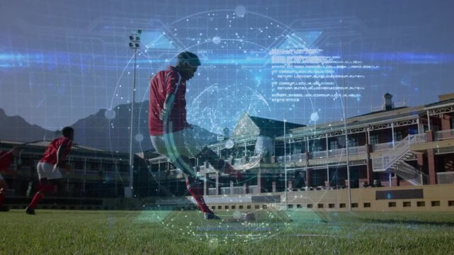 Male soccer player striking ball on tee, initiating pulsing data visualization in sports technology - Powered by Adobe