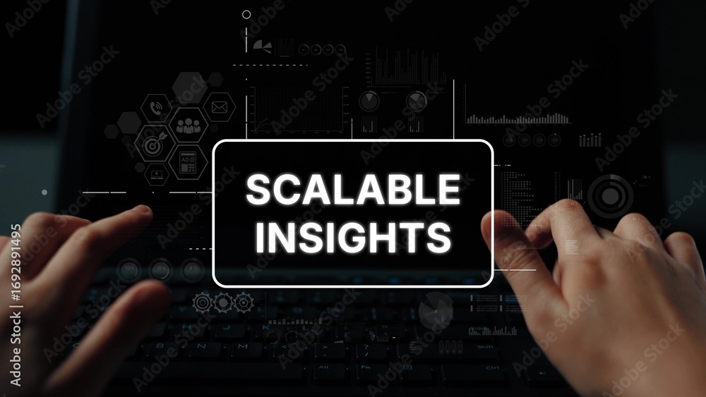 Poster hands typing on a keyboard with digital interface for scalable insights in technology and data analy