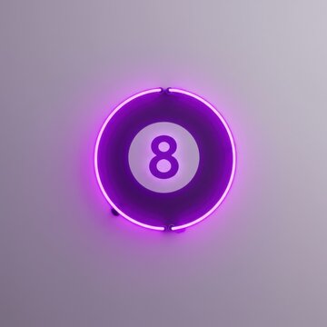 Eight ball pool ball illuminated by purple neon light