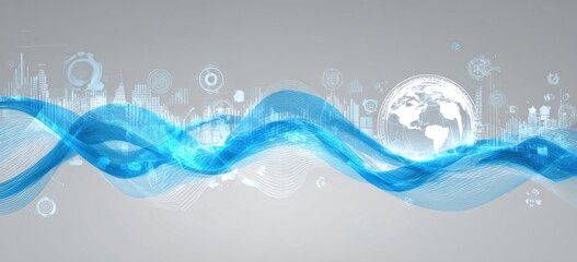 Abstract technology background with blue waves and data visualizations