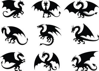 Dragon silhouettes collection, fantasy creatures with wings, mythical monster icons, legendary beast illustration, medieval tattoo design, fire breathing reptile vector artwork