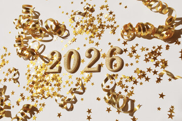 2026 Happy New Year golden glittering numbers top view.