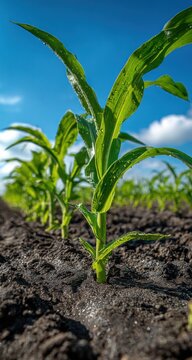 Young corn plants in a field