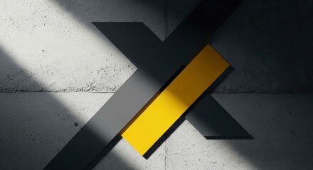 Abstract graphic design featuring an X-shape formed by overlapping dark gray and yellow rectangular strips on a textured concrete surface with dynamic light and shadow