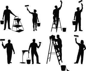 Painter silhouettes with roller brush, house painting workers, handyman illustration, wall paint design, construction repair art, decorator on ladder, bucket tools vector