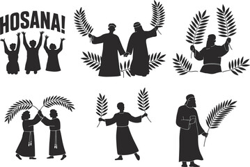Palm Sunday vector illustration, Christian worship silhouettes, Hosanna celebration graphics, people with palm leaves, biblical religious artwork, Easter holy week design, church festival