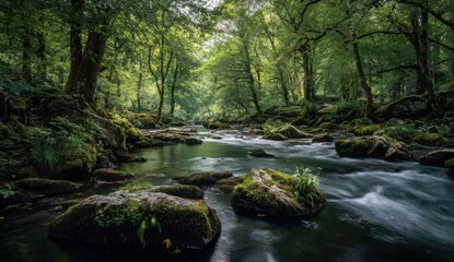 Obraz premium Lush forest stream flowing through mossy rocks (1)
