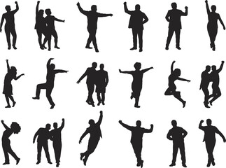 People silhouettes dancing and celebrating, joyful party poses vector illustration, group happiness design, friends having fun, active lifestyle artwork, dance movement collection