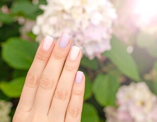 Fototapeta premium Pastel nail art on a hand, surrounded by hydrangeas
