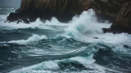 Fototapeta premium Majestic Chaos: Powerful Ocean Swells Crashing on Dark Cliffs
