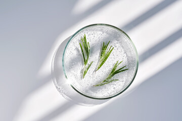 The texture of hyaluronic gel and rosemary in a petri dish on a background with streaks of shadows.