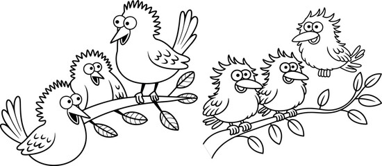 Naklejka premium Cartoon Birds on Branches Black and White Illustration for Coloring Book and Educational Resources Kids Entertainment