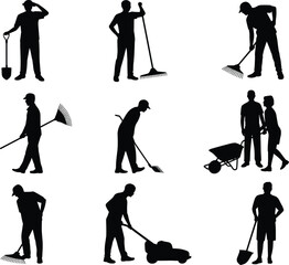 Silhouette of gardeners working with tools, people doing outdoor landscaping tasks, lawn care vector illustration, farming agriculture workers, gardening maintenance activity icons set