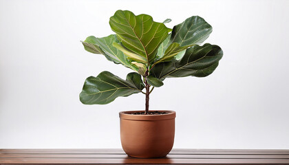 Fiddle Leaf Fig Plant In Terracotta Pot White Isolated Background