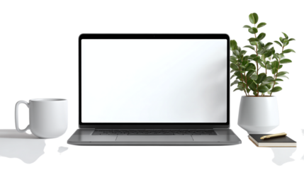 Laptop computer screen mockup with workspace scene isolated on transparent background 