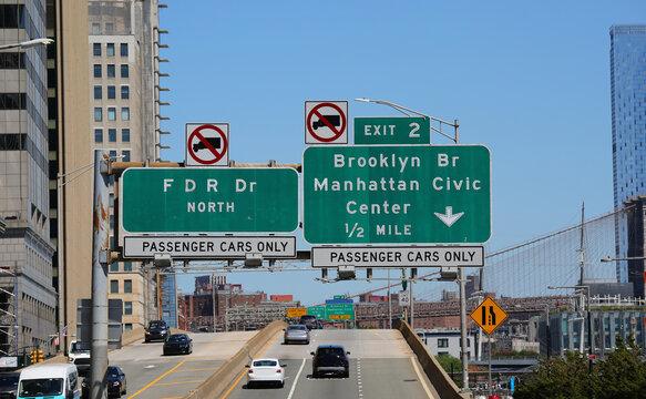 FDR Drive North and Brooklyn Bridge Manhattan Civic Center highway signs in New York City