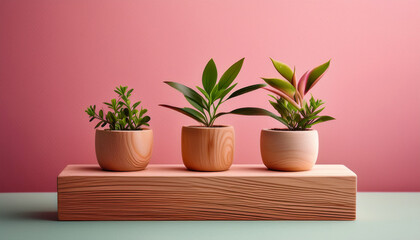 Fototapeta premium Three Small Potted Plants Sit On A Wooden Block Against A Pink Background