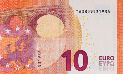 10 euro banknote, fragment for designers. Money of the European Union and Europe.