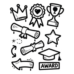 Black and white graffiti-style illustration of academic achievement symbols including crown, trophy, diploma, cap, rosette, and star