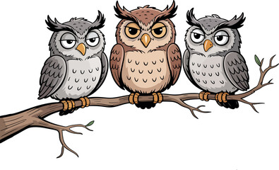 Three Grumpy Owls Perched on a Branch Cartoon Illustration Wildlife Birds